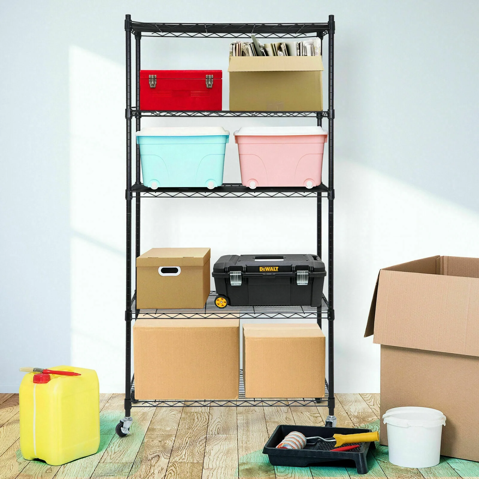 Brezey Set of 2 5-Shelf Wire Tier Layer Shelving Units with 4 Rolling Wheel Casters - Heavy-Duty Space-Saving Storage Solution, Dimensions: 30.1-(L)x14.2"(W)x63"(H)