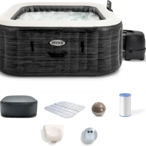 INTEX PureSpa Greystone Deluxe 4 Person Square Inflatable Hot Tub, Bubble Massage Spa
