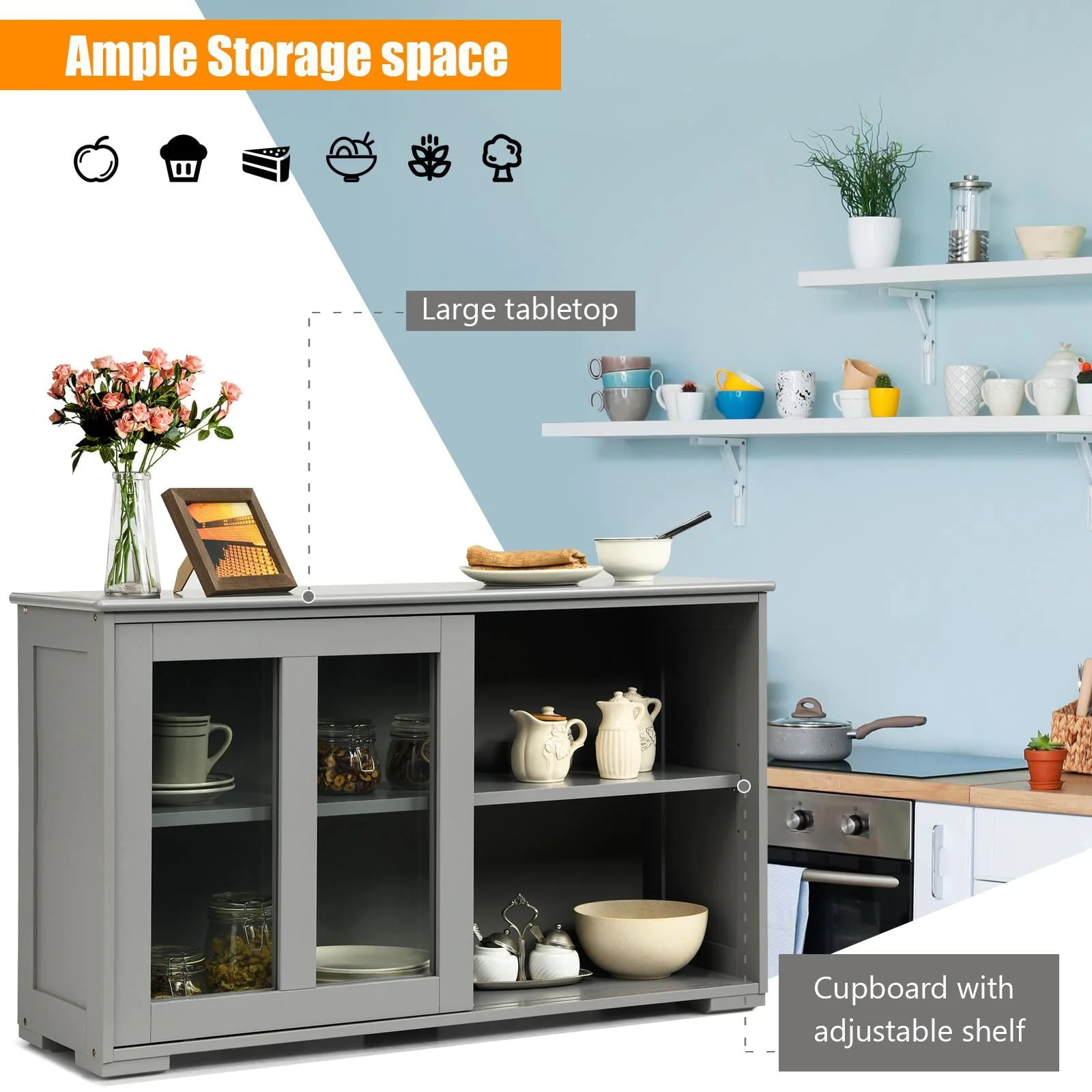 Giantex Stackable Buffet Cabinet, Kitchen Storage Cabinet with Sliding Tempered Glass Doors, Small Sideboard for Kitchen, Dining Room or Living Room, Grey