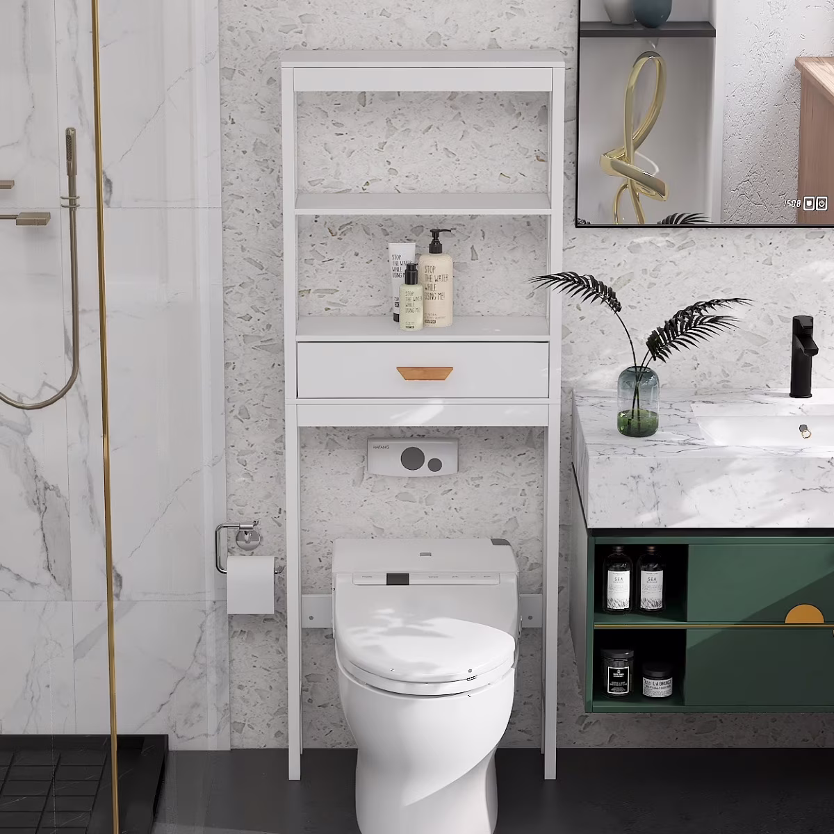 Over The Toilet Storage Cabinet with Drawer and 2 Shelves,Bathroom Space Saver Storage Rack,Toilet Shelf Organizer,White