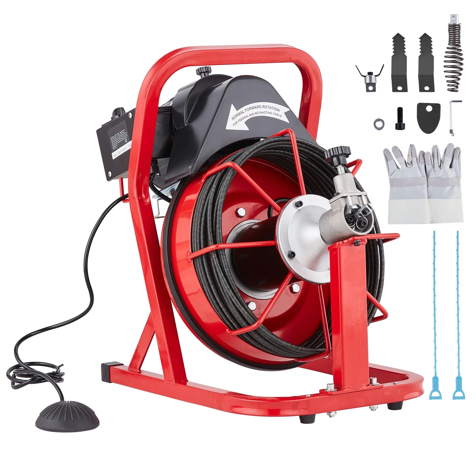 KFFKFF Drain Cleaning Machine, 50FT x 3/8 Inch, 250W Electric Drain Cleaner with Auto Feed, Includes 4 Cutters & Air-activated Foot Switch, Suitable for 2"-4" Pipes