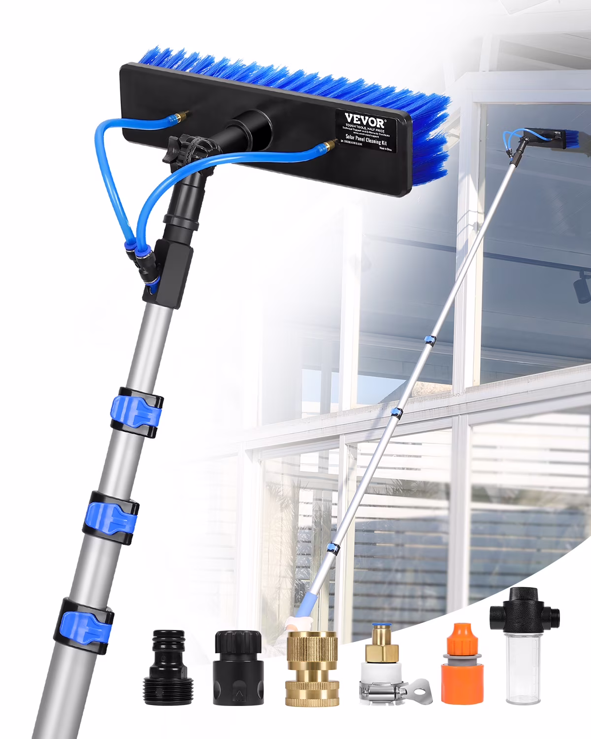 VEVOR Water Fed Pole Kit, 12FT Solar Panel Cleaning Pole with Extendable Handle, 180- Rotatable Brush Head & 65.6FT Hose, Household & Outdoor Window Cleaner Tool for Caravan Solar Panel Deck