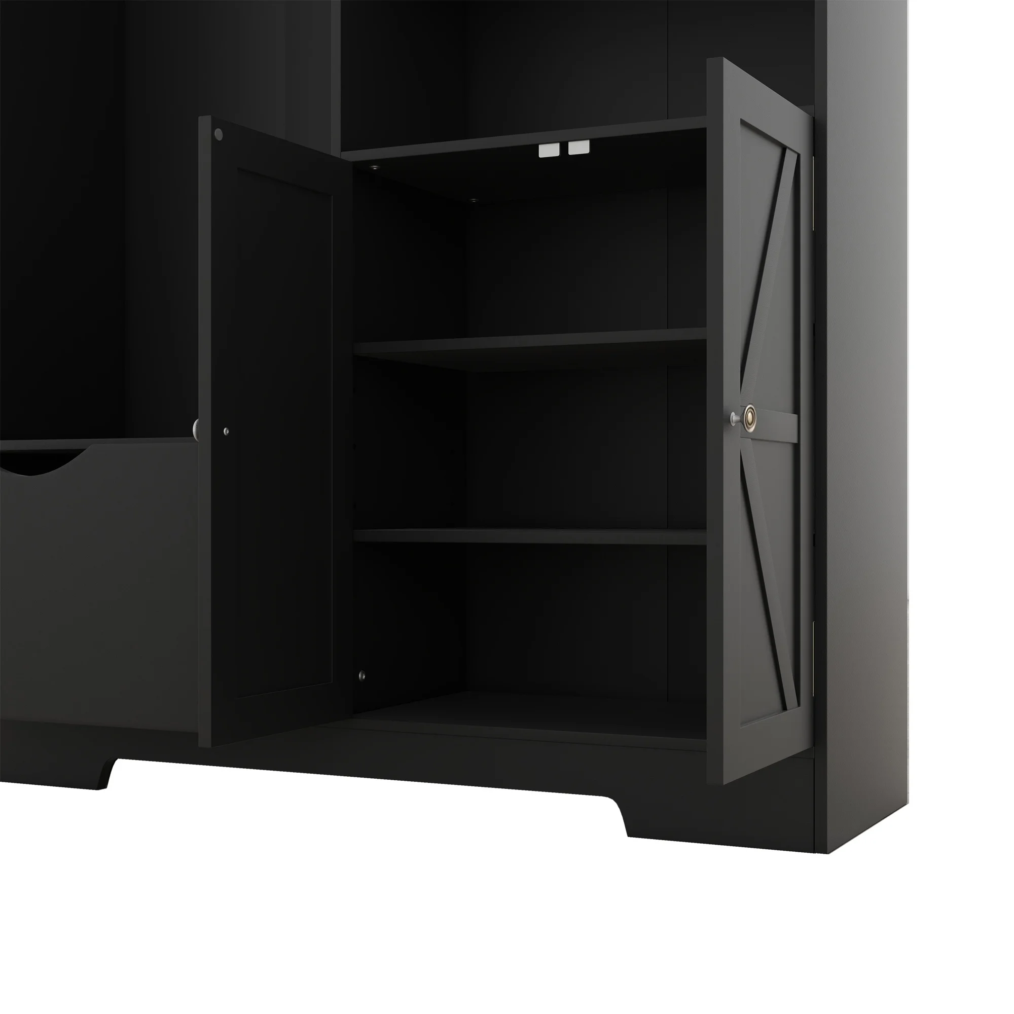 Bellemave 59"W Farmhouse Hall Tree with Storage Shelves and Shoes Rack Multi-functional Coat Rack with Hooks Entryway Shoes Storage Seating Bench Coat Hanger for Hallway (Black, With Shoes Rack)