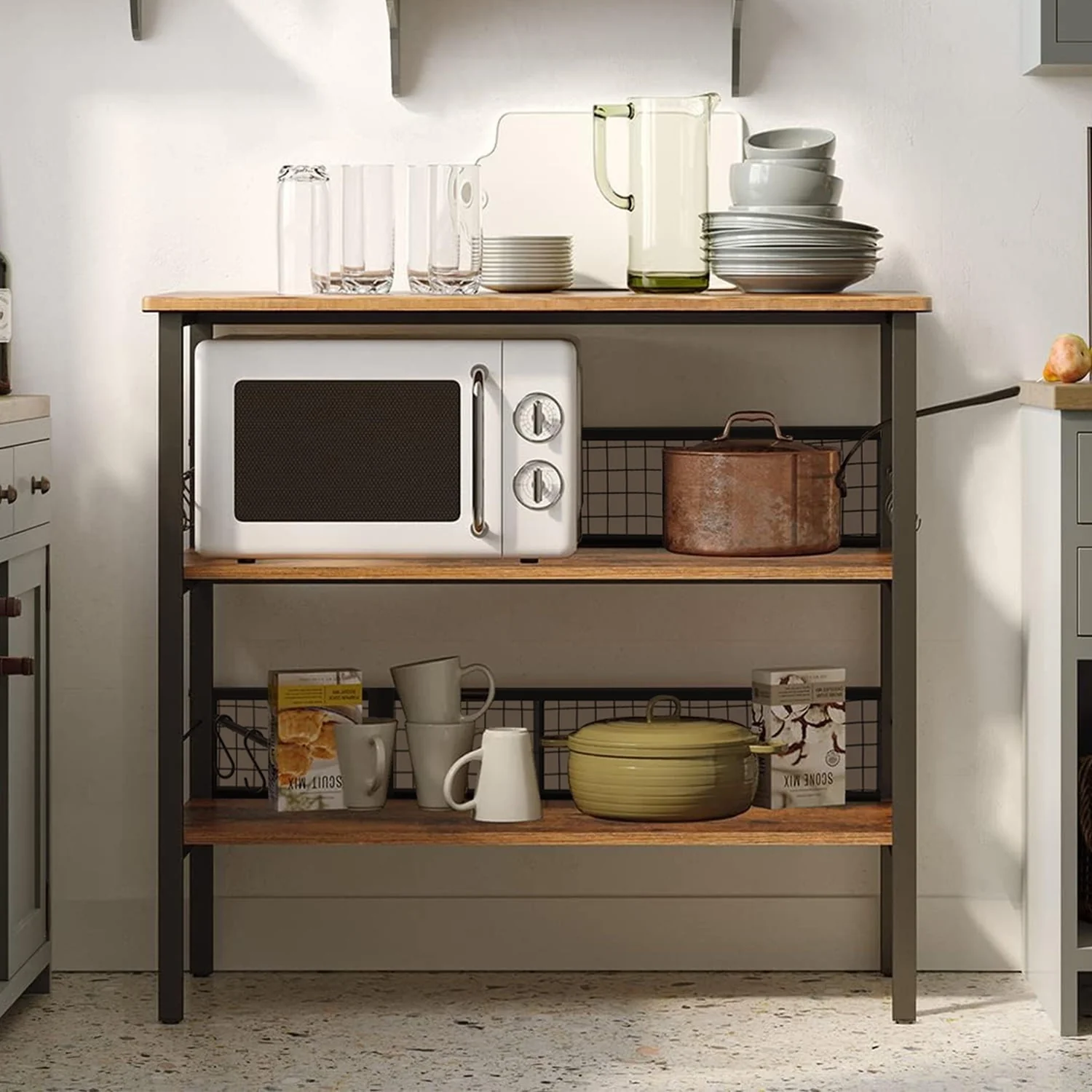 Cheflaud Rolling Kitchen Storage Cart Island with large open shelves and Large Worktop, 3-Tier Kitchen Baker’s Rack with 10 Hooks, Stable Steel Structure and Easy Assembly, Rustic Brown