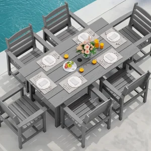 SERWALL 7-Piece Patio Table Set, Outdoor HDPE Dining Furniture with Umbrella Hole, All Weather Table and Chairs for Lawn, Garden, Poolside, Aruba