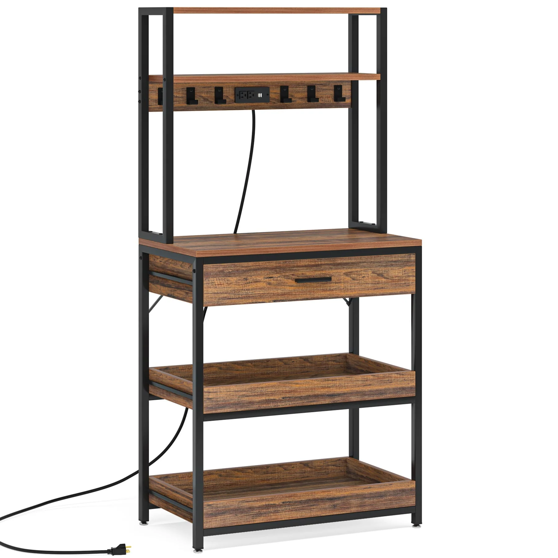 Tribesigns Kitchen Bakers Rack with Power Outlets, 5-Tier Microwave Oven Stand with Drawer and Sliding Shelves, Freestanding Kitchen Storage Shelf Organizer with 6 Hooks, Rustic Brown