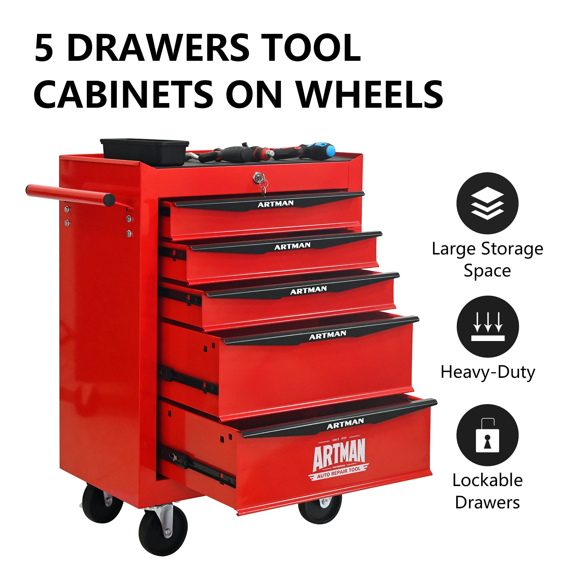 Tool Cabinets 4 Drawers Multifunctional Tool Cart with Wheels,Metal Rolling Tool Cart Storage for Garage Workshop Warehouse Repair Shop--With Stainless Steel Roof- Red&Black,Garage Tool Cabinets