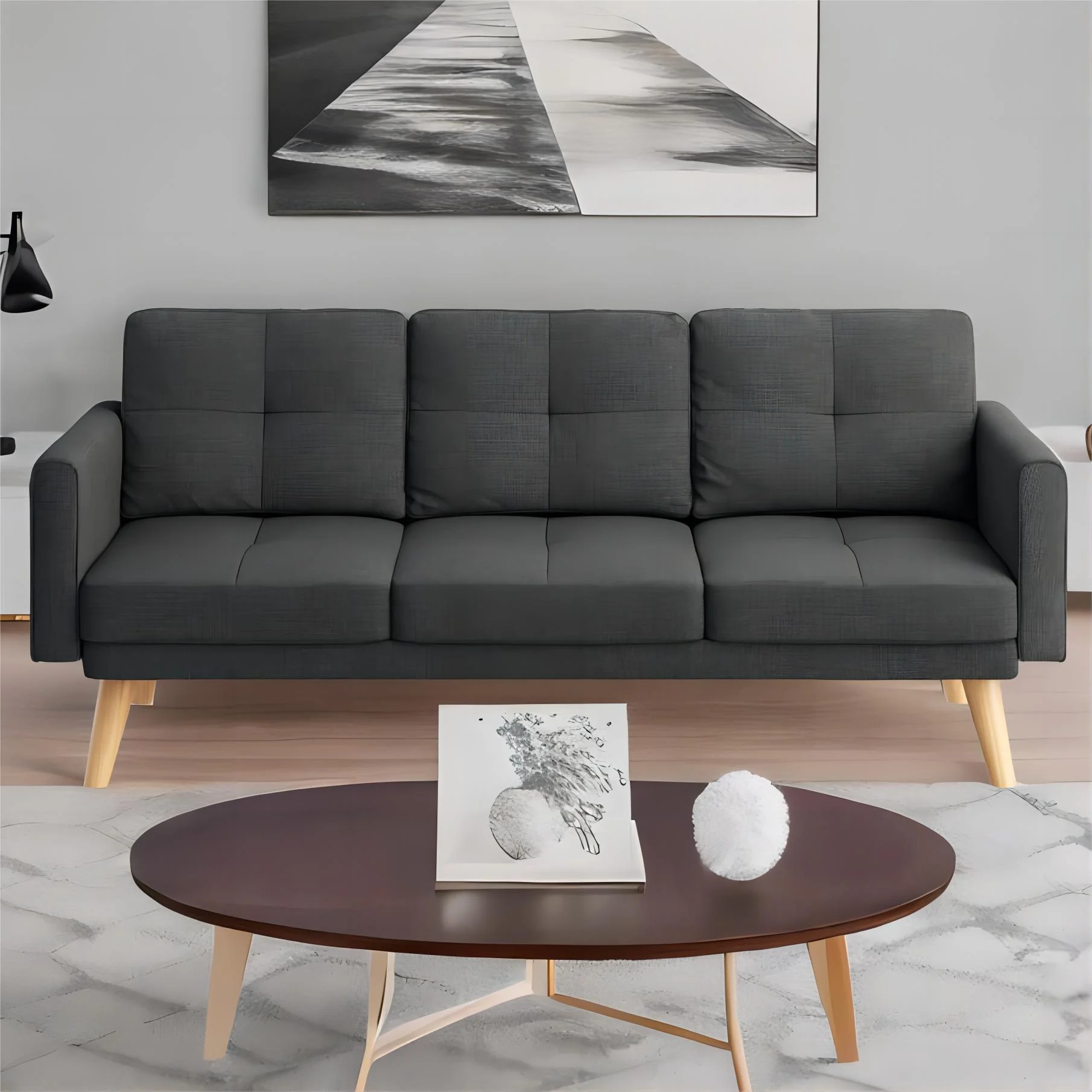 Modern Futon Sofa Bed with 3 Seats and Storage Pocket for Living Room & Office, Dark Gray