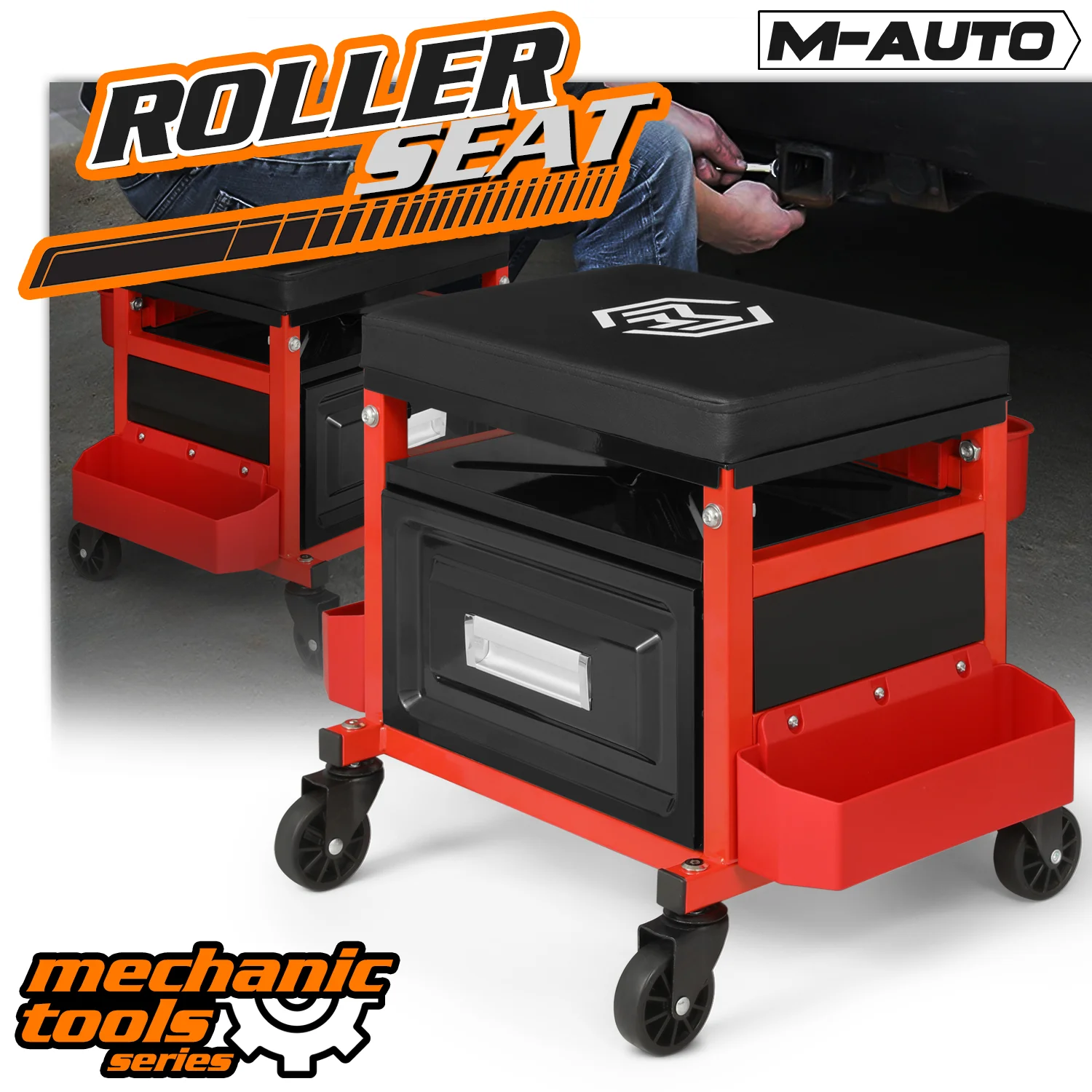 M-AUTO Adjustable Rectangular Roller Tool Box Padded Chair with Storage Tool Tray & Cabinet, 350 lbs Capacity with Casters - Red