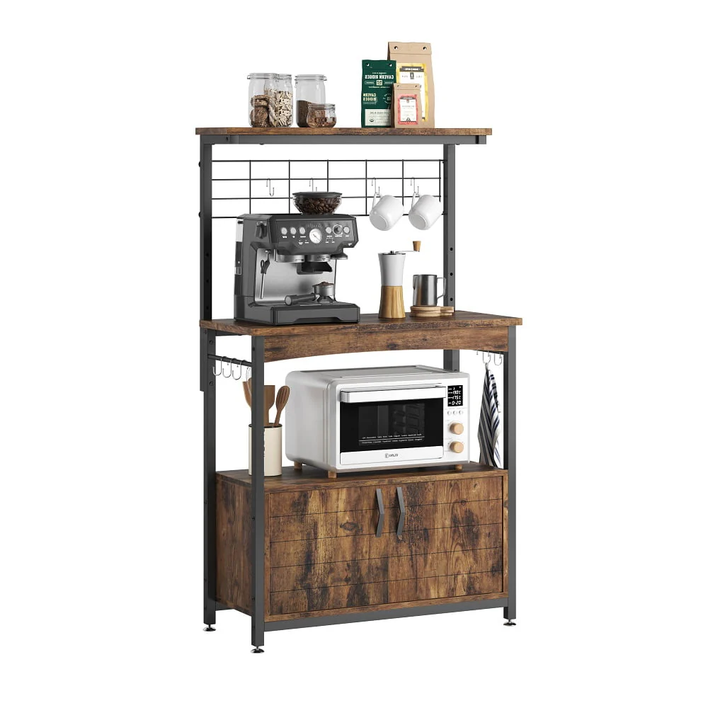 Bestier 3-Tier Baker's Rack with Cabinet, Kitchen Storage Shelves, Microwave Oven Stand, Coffee Bar with Hooks in Rustic