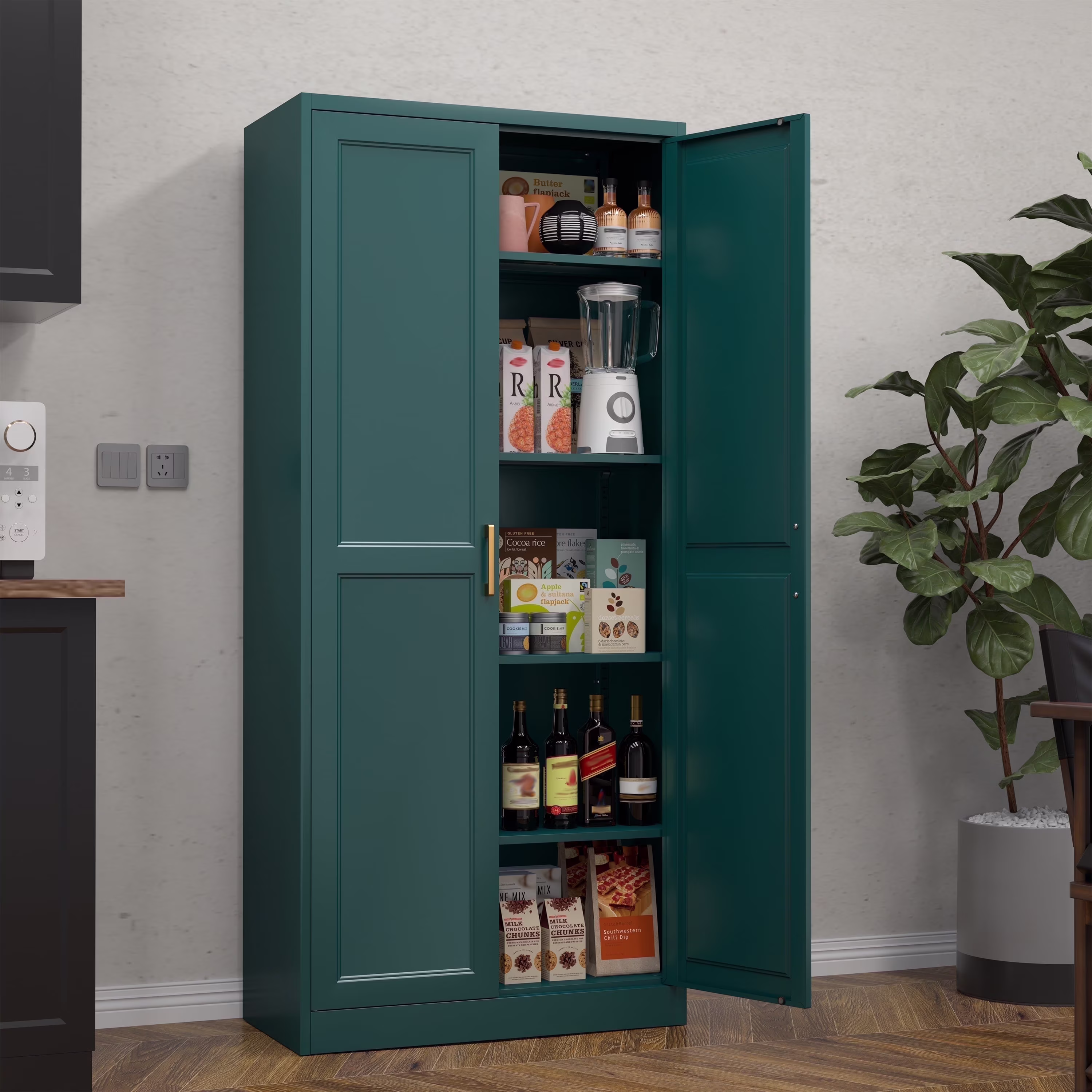 Polup White 75" H Modern Kitchen Storage Cabinet with Doors and Adjustable Shelves