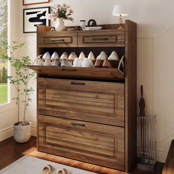 Shoe Cabinet with 3 Large Flip Drawers & 2 Storage Drawers, Narrow Shoe Organizer Cabinet Fits
