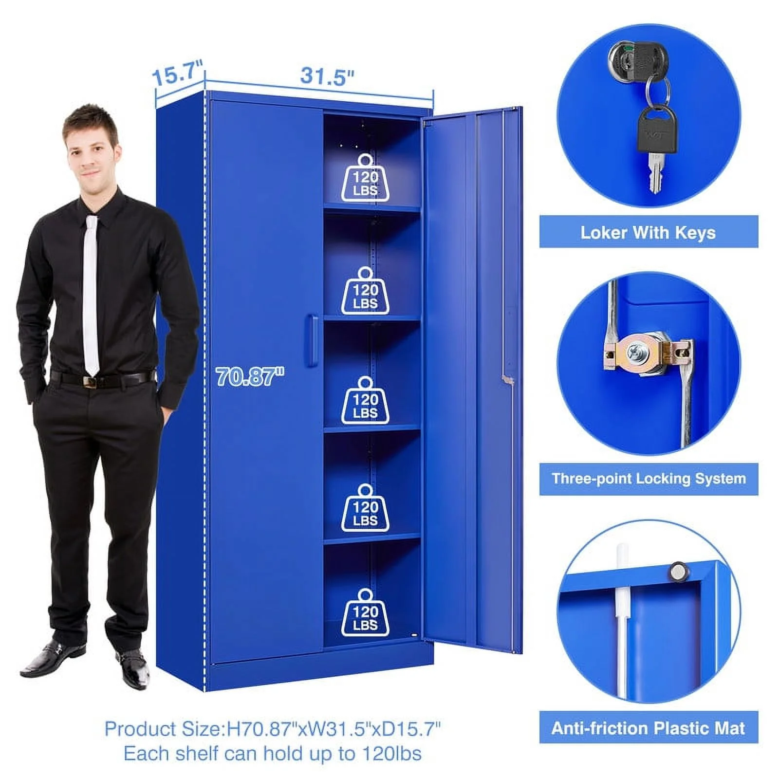 Fesbos Metal Garage Storage Cabinet with 2 Doors and 4 Adjustable Shelves - 71" Steel Lockable File Cabinet,Locking Tool Cabinet for Office,Home,Garage,Gym (Blue)