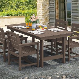 SERWALL 7-Piece Patio Table Set, Outdoor HDPE Dining Furniture with Umbrella Hole, All Weather Table and Chairs for Lawn, Garden, Poolside, Aruba