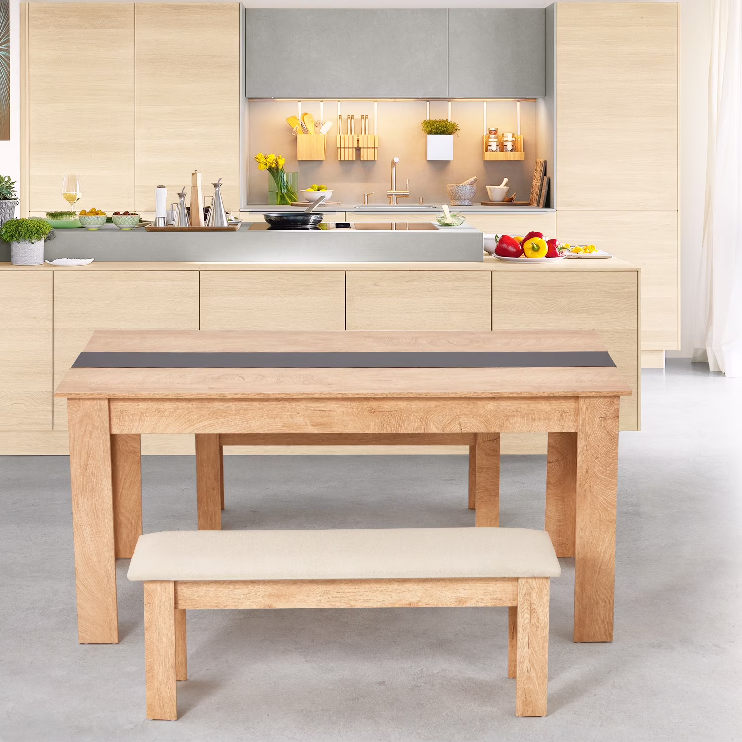 AVAWING 44" Dining Room Bench Set of 2, Wood & Linen Fabric Kitchen Benches, Beige & Natural