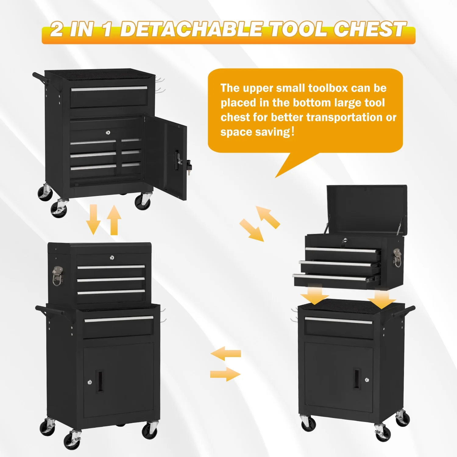 AECOJOY 8-Drawer Rolling Tool Chest, Large Tool Cabinet with Universal Lockable Wheels, Detachable Toolbox Storage for Garage, Repair Shop, Workshop, Black