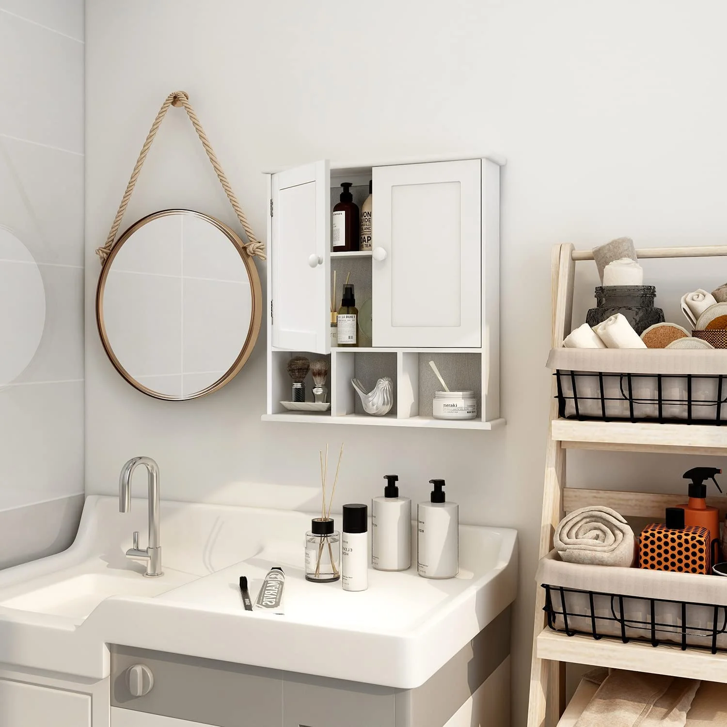 Black Bathroom Cabinet, Wall Mounted 2 Door Storage With Adjustable Shelves, Over The Toilet Medicine Cabinet for Laundry Room Kitchen