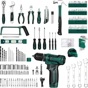 MY Tool Set: 12V Cordless Drill Kit with Hand Toolbox and Storage Case, Mechanic Tool Set for Home Repairs, Portable Power Drill and Tools, Green