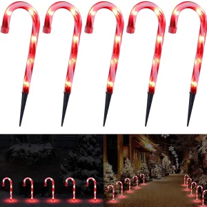 Christmas Candy Cane Lights, 15inch Set of 5 Solar Powered Candy Canes Christmas Pathway Lights Outdoor-Candy Cane Christmas Decorations Outdoor for Holidays Lighting up Sidewalk,Yard,