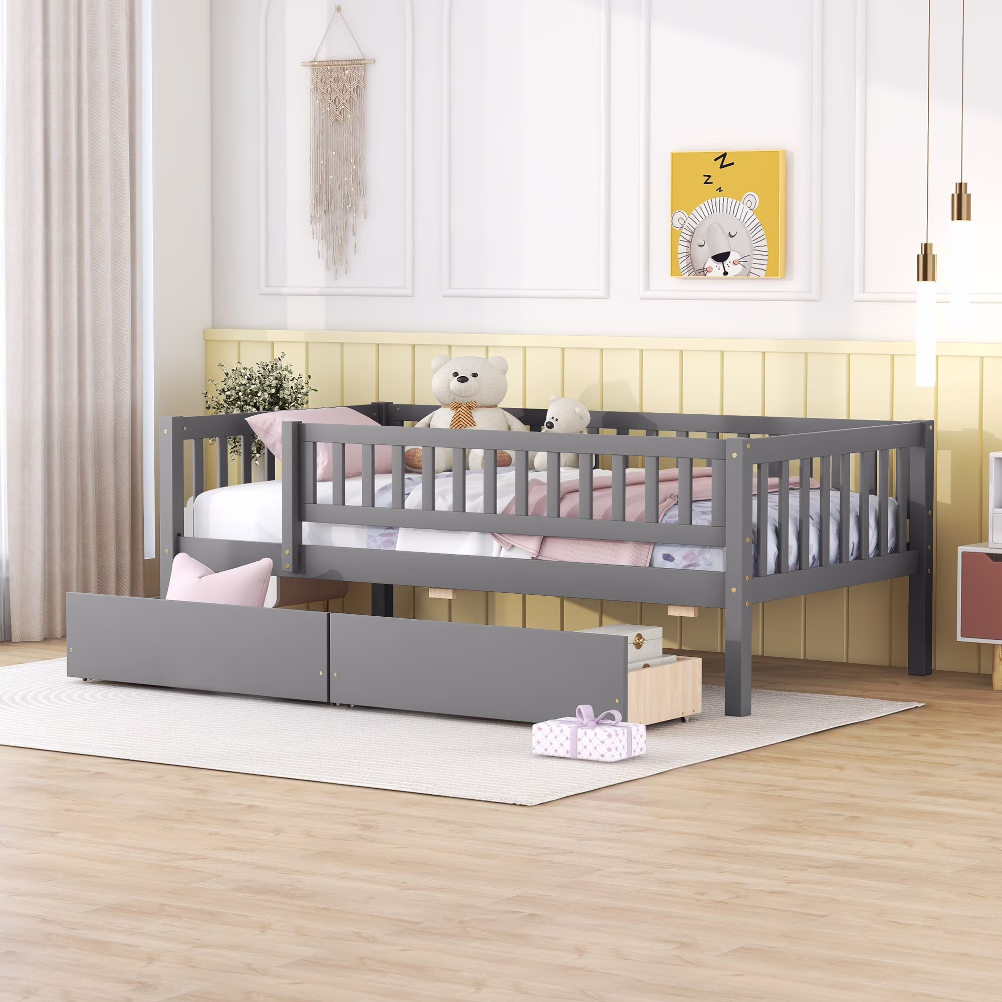 Holaki Twin Size Wood Bed with Guardrails and 2 Storage Drawers for Kids, Gray