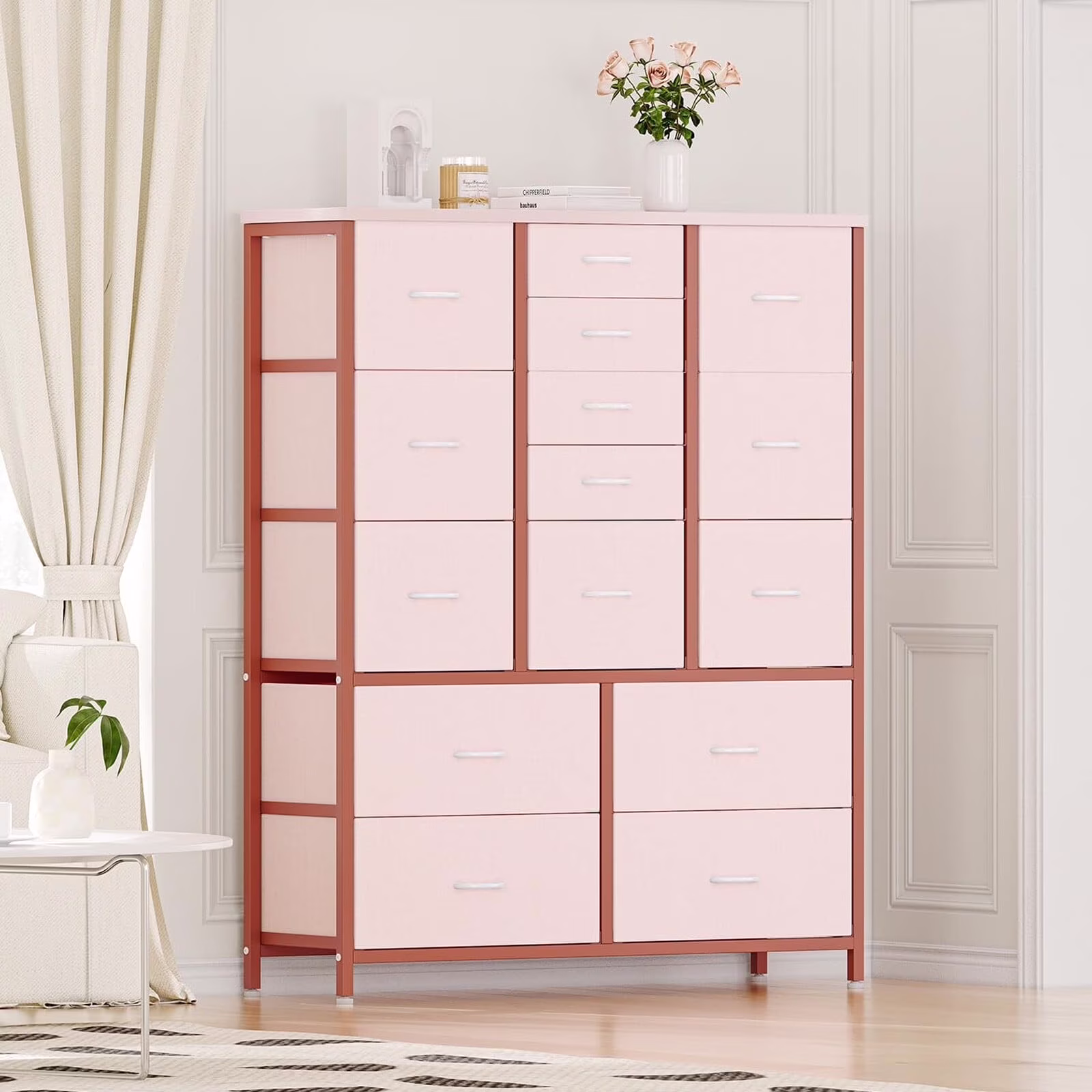 Garvee 15 Drawers Dresser for Bedroom Tall Chest of Drawers, Metal Frame & Wood Top Storage Organizer Cabinet with Fabric Drawers for Living Room, Entryway, Hallway, Closet, White