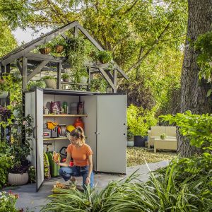 Keter Premier Tall Vertical Durable Resin Outdoor Storage Shed With Floor and Locking Double Doors, Grey