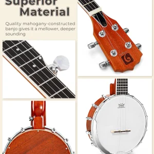 String Banjo 26 Inch MINI Travel Banjo Banjo Beginner Kit with Remo Head Open Back & Closed Solid Back with beginner Kit Comfortable Carrying Bag