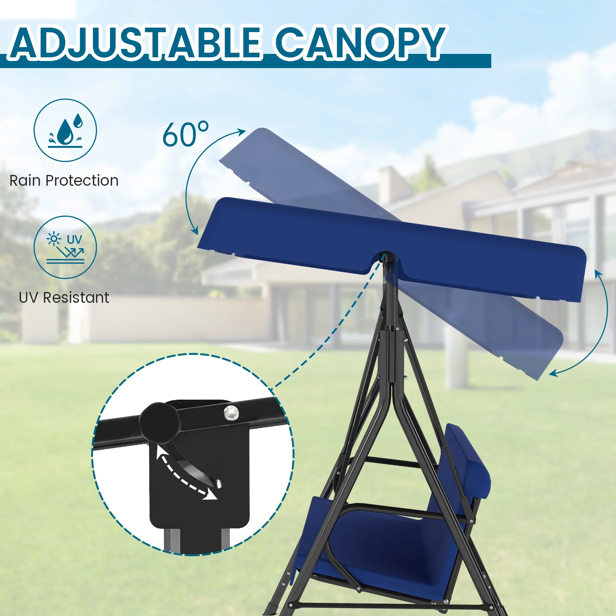 Melocadol 3 Seats Outdoor Porch Swing Glider, Patio Swing Chair with All Weather Covered Canopy and Rust Proof Heavy Duty Stand, for Garden, Lawn, or Backyard, Black