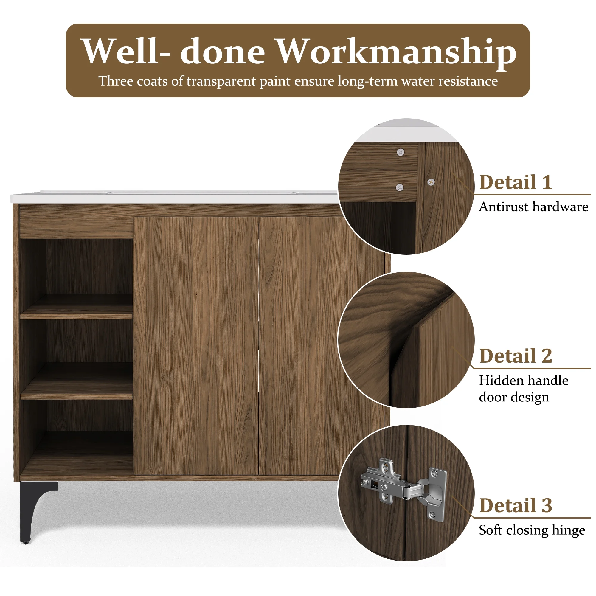 JUSTLET 36" Bathroom Vanity with Sink, Wood Bathroom Vanity Cabinet with Adjustable Shelf and Metal Legs, Bathroom Storage Cabinet with Resin Basin for Bathroom, Natural