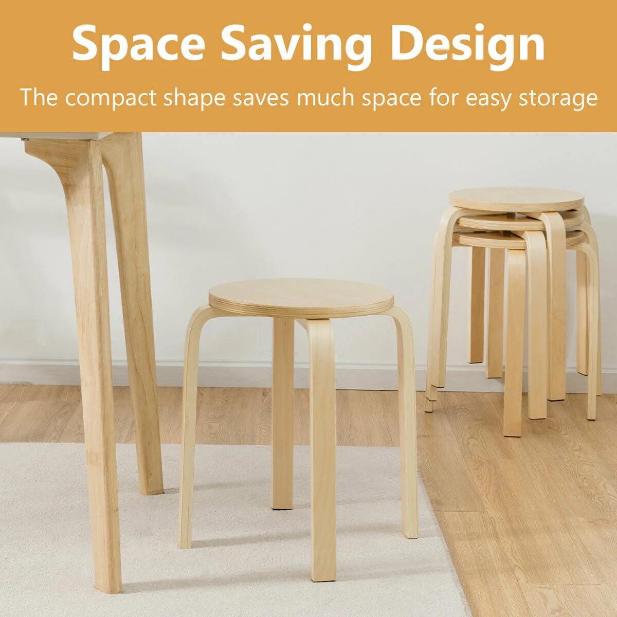 Set of 4 18" Stacking Stool Round Dining Chair Backless Wood Home Decor