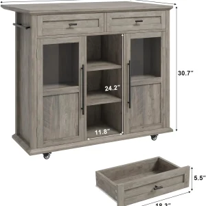 WALYWIK Foldable Kitchen Island Cart with Wheels, 2 Glass Doors, Spice Rack & Towel Holder -C Compact Mobile Storage Cart for Small Kitchens, Dining Rooms, Camping & RVs - Grey