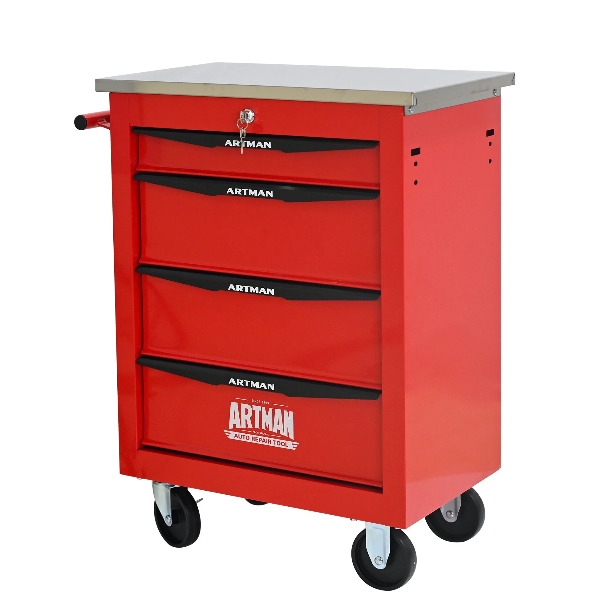 Tool Cabinets 4 Drawers Multifunctional Tool Cart with Wheels,Metal Rolling Tool Cart Storage for Garage Workshop Warehouse Repair Shop--With Stainless Steel Roof- Red&Black,Garage Tool Cabinets