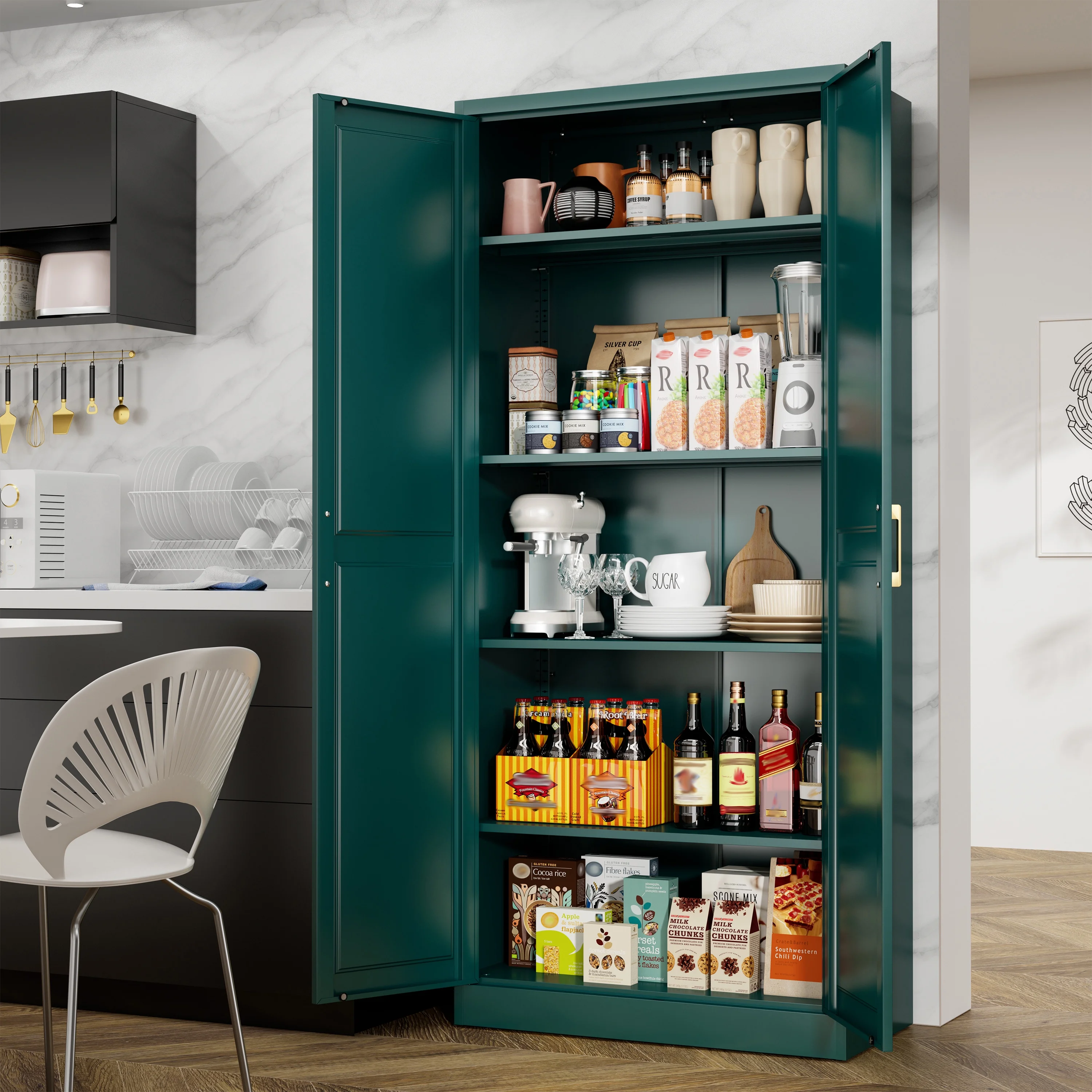 Polup White 75" H Modern Kitchen Storage Cabinet with Doors and Adjustable Shelves