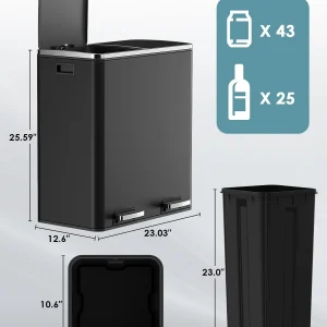 Arlopu 60 L/16 gal Dual Trash Can, Stainless Steel Garbage Can for Kitchen, Recycle Bin with Lid