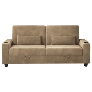 87-Large Loveseat Sofa, 3 Seater Couch with Storage, Velvet Fabric Deep Seat Sofa with Pillow& Cup Holders, Modern Comfy Sofa with USB& Type-C Ports, Home Sofa Couch for Living Room Bedroom