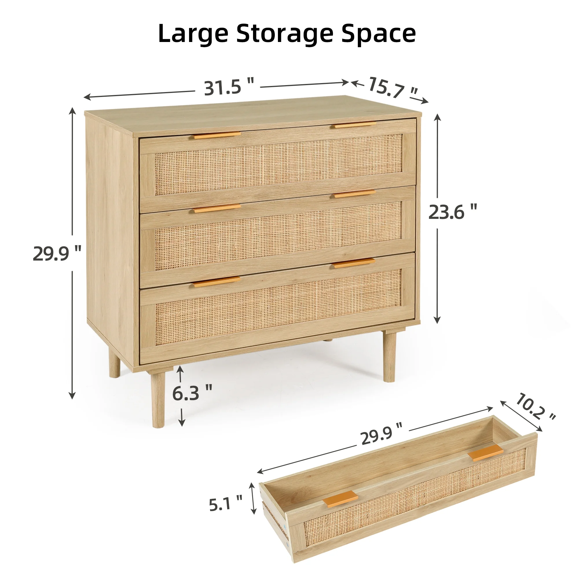 LAZZO 3 Modern Drawer Dresser Rattan, Wooden Dresser Chest of Large Storage Cabinet