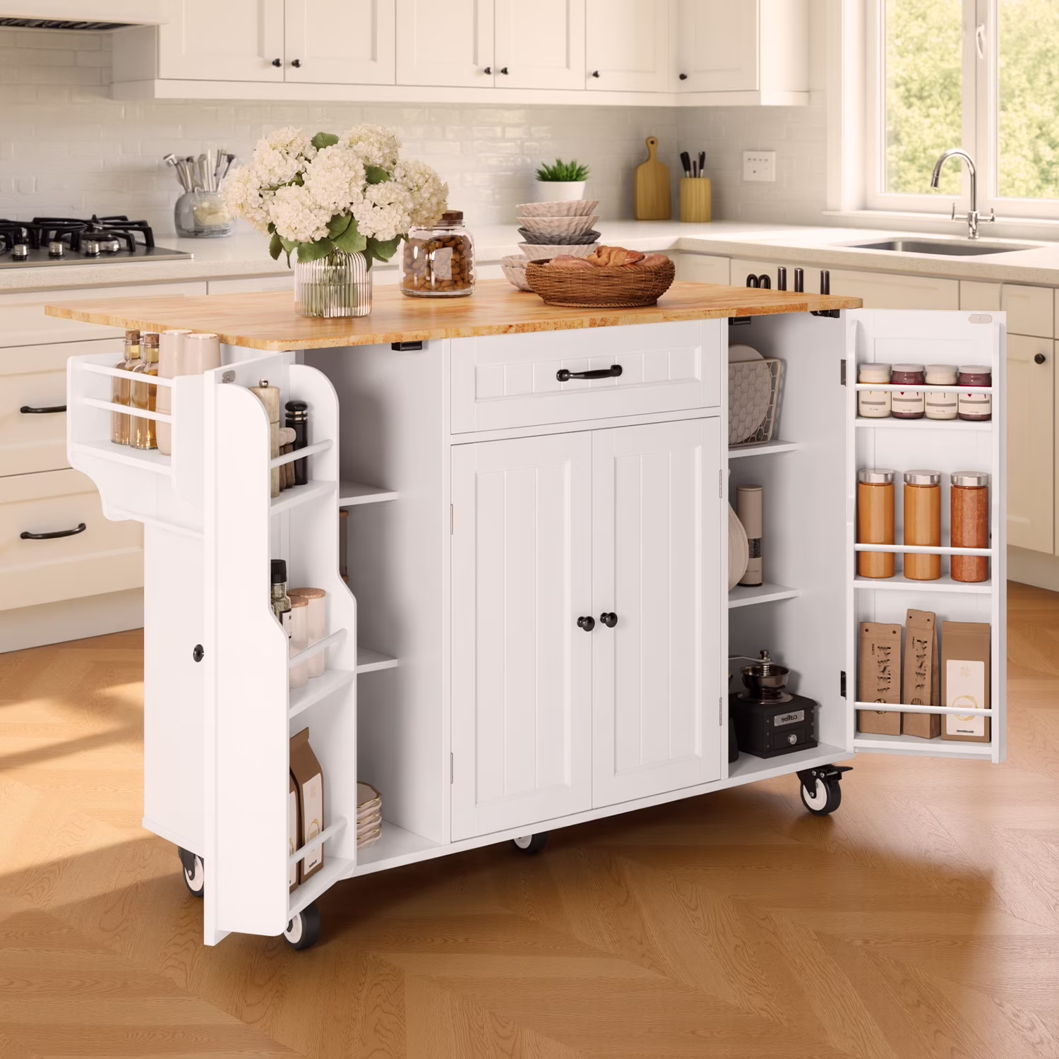 Noelse Kitchen Island with Storage, Island Table for Kitchen with Drop Leaf, Spice Rack, Towel Bar for Small Kitchens, White