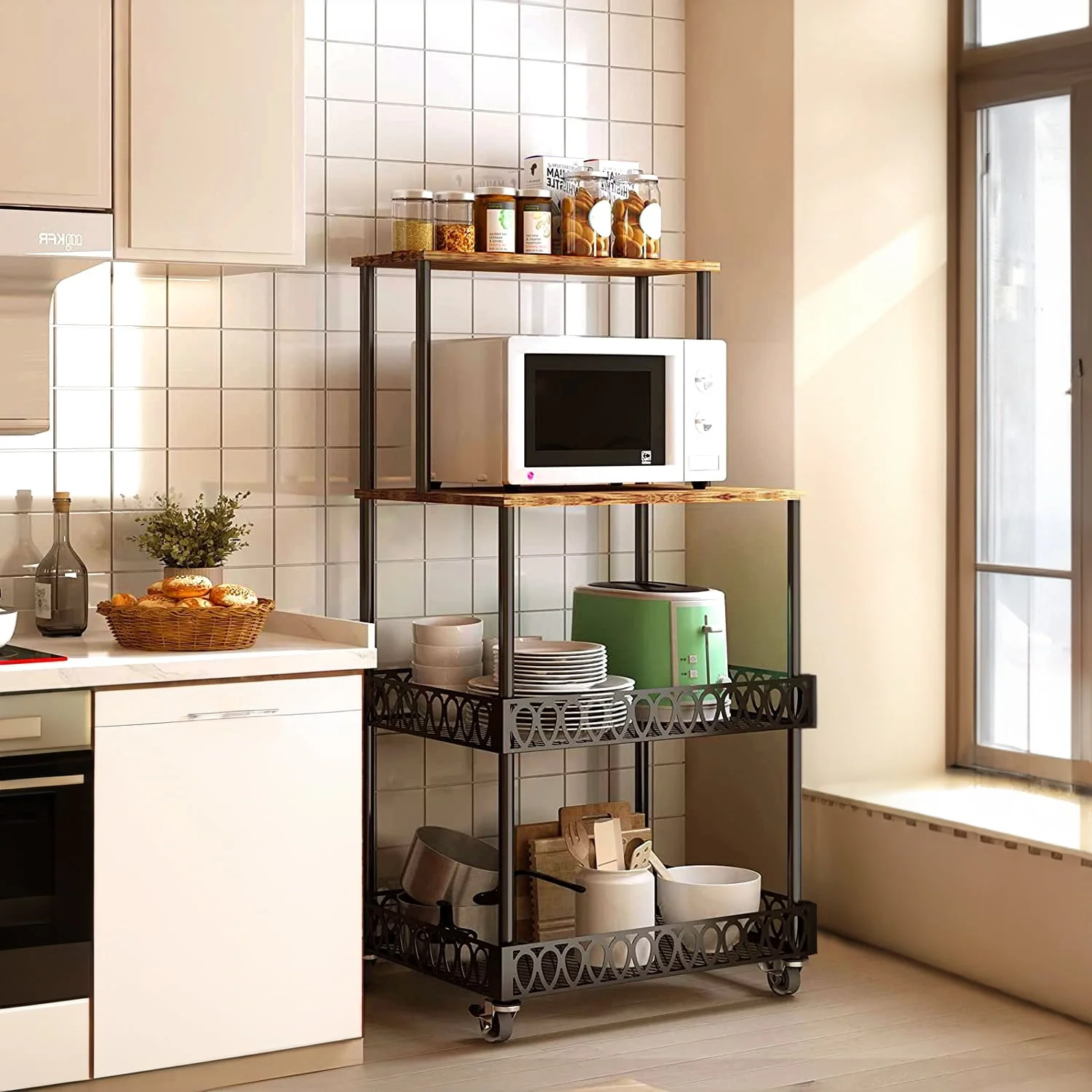 BATE 4-Tier Kitchen Storage Baker's Rack 48 inch Microwave Oven Rack Shelves Kitchen Storage Organizer with Metal Wheels