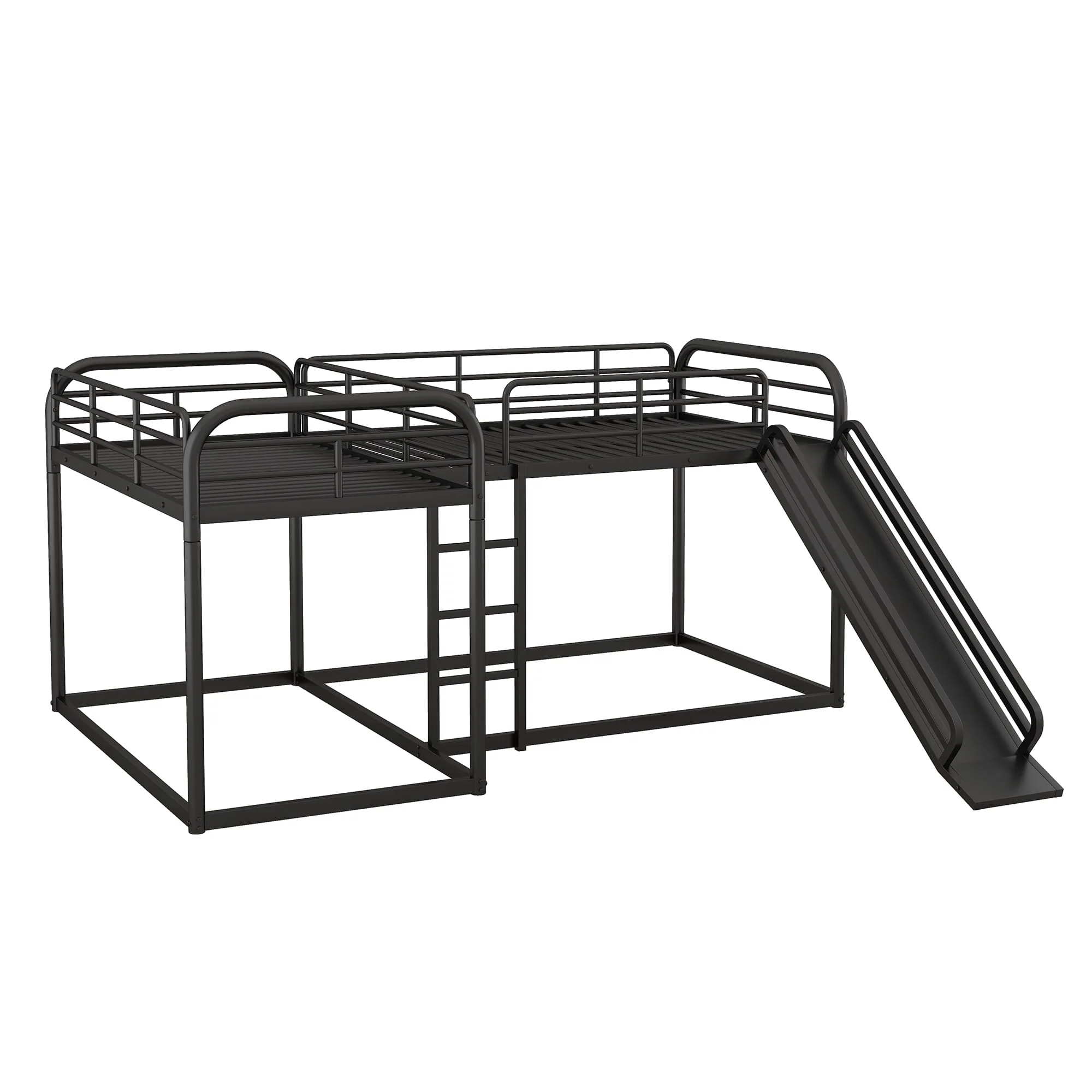 Full and Twin Size L - Shaped Quadruple Metal Bunk Bed with Slide for Kids, Black