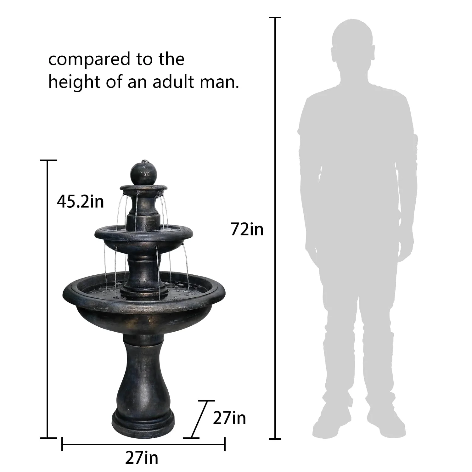 48-?H Outdoor Floor Water Fountain, 3-Tiers Concrete Water Fountain with Submersible Electric Pump - Garden Cascading Waterfall for Yard Patio Lawn Home Decor