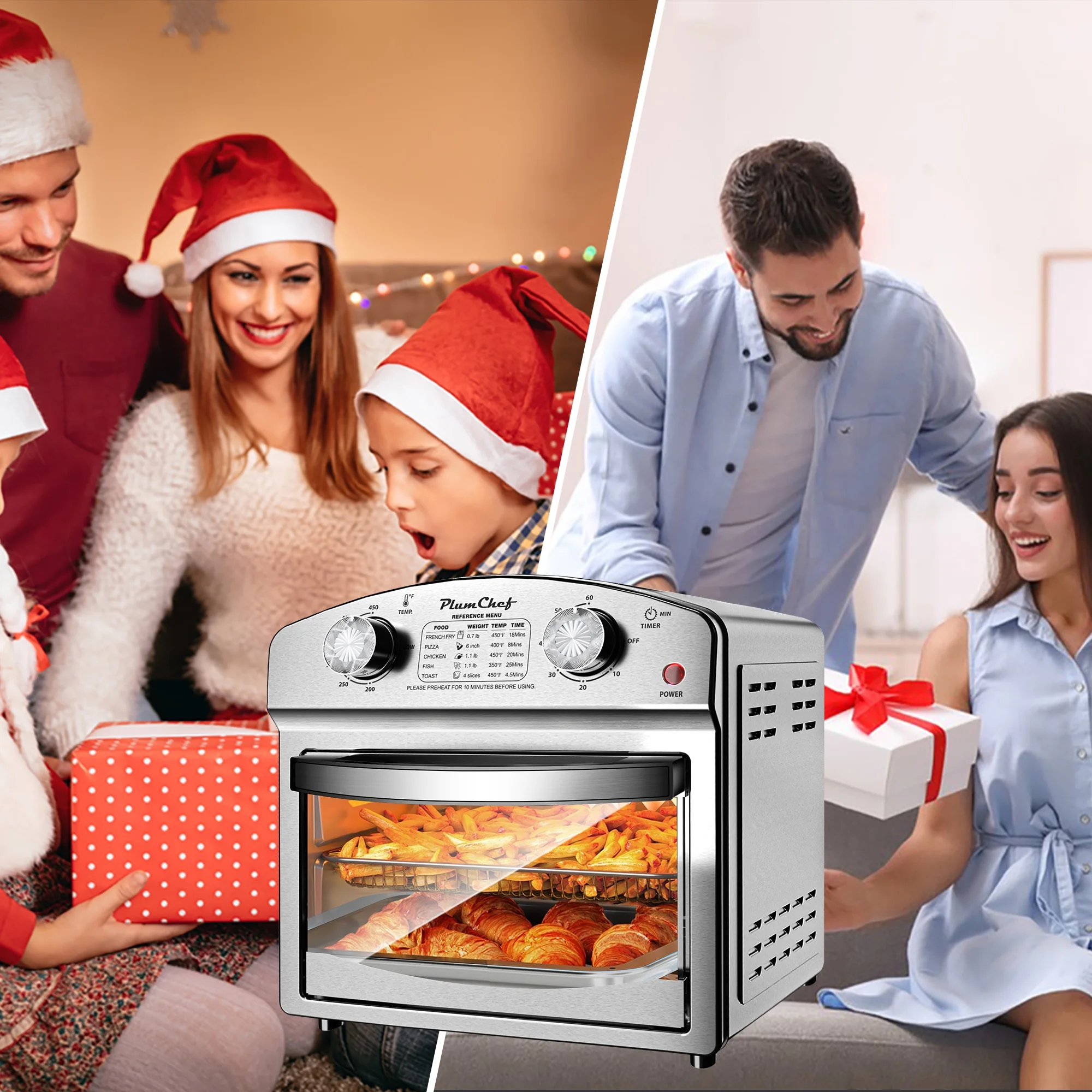 PlumChef 13 Quart 4 Slices Air Fryer Convection Toaster Oven, 1500W, 7 in 1 Multifunction with Roast, Bake, Grill, Broil, Toast, Dehydrate, Defrost, Stainless Steel