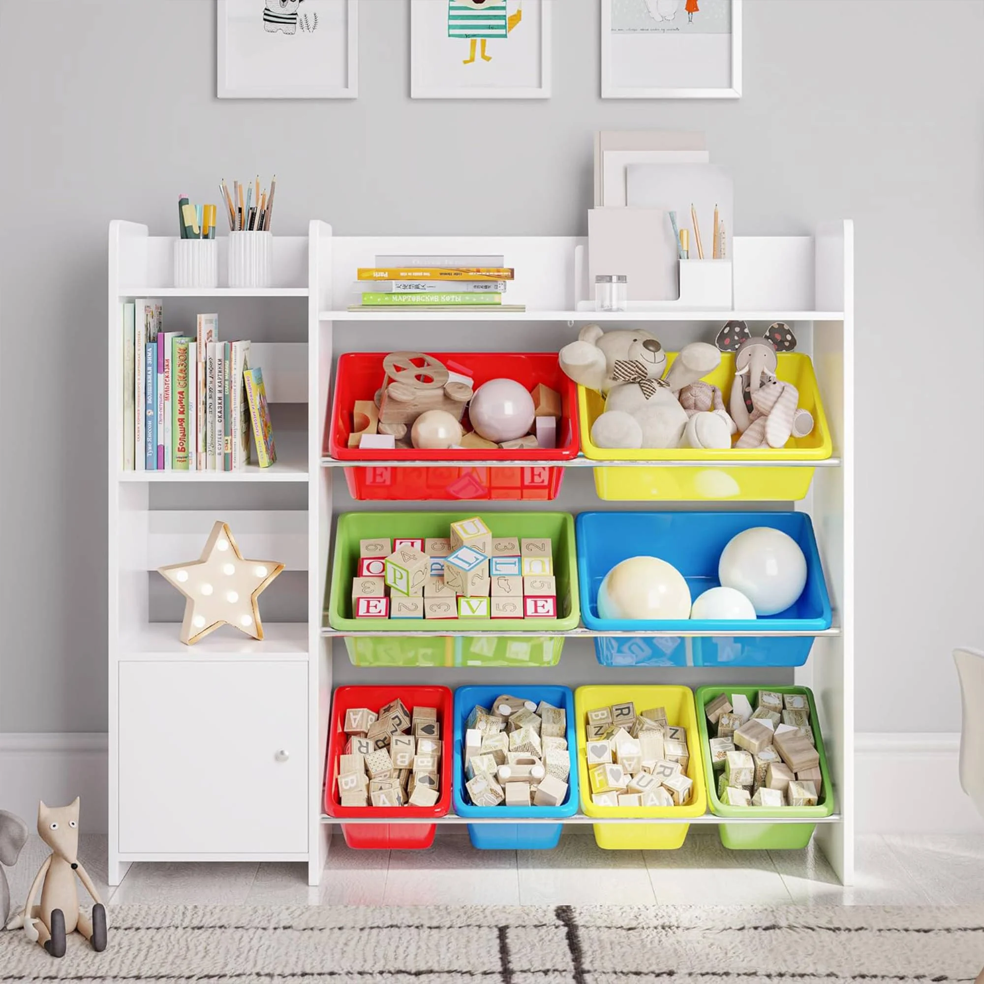 Sturdis Kids Toy Storage Organizer With Bookshelf and White Bins