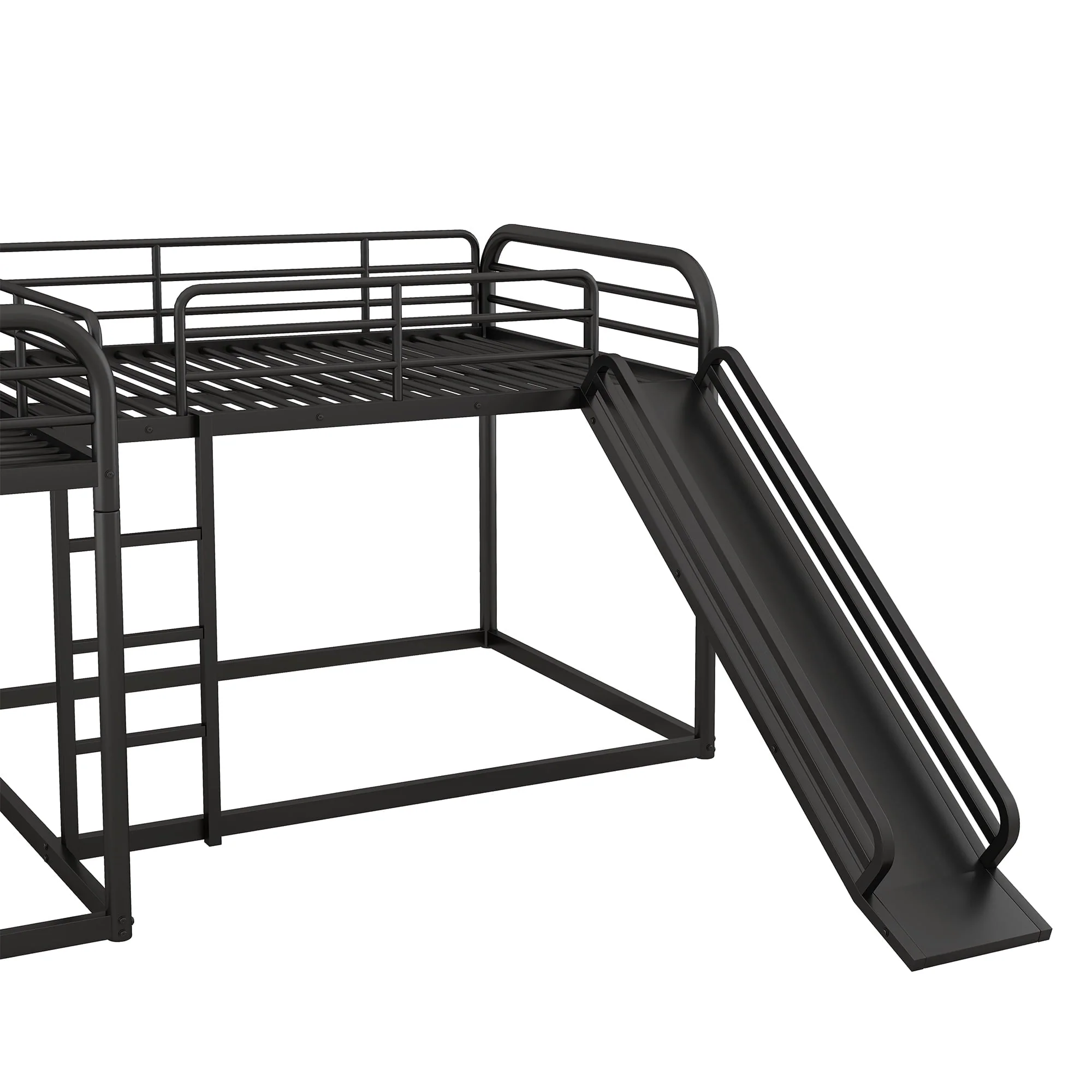 Full and Twin Size L - Shaped Quadruple Metal Bunk Bed with Slide for Kids, Black