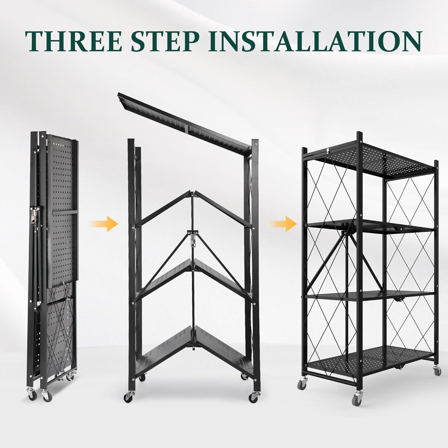 Foldable 4-Tier Storage Shelves with Wheels, No Assembly Bookshelf, Heavy Duty Kitchen Racks and Shelves, Rolling Microwave Cart, Black