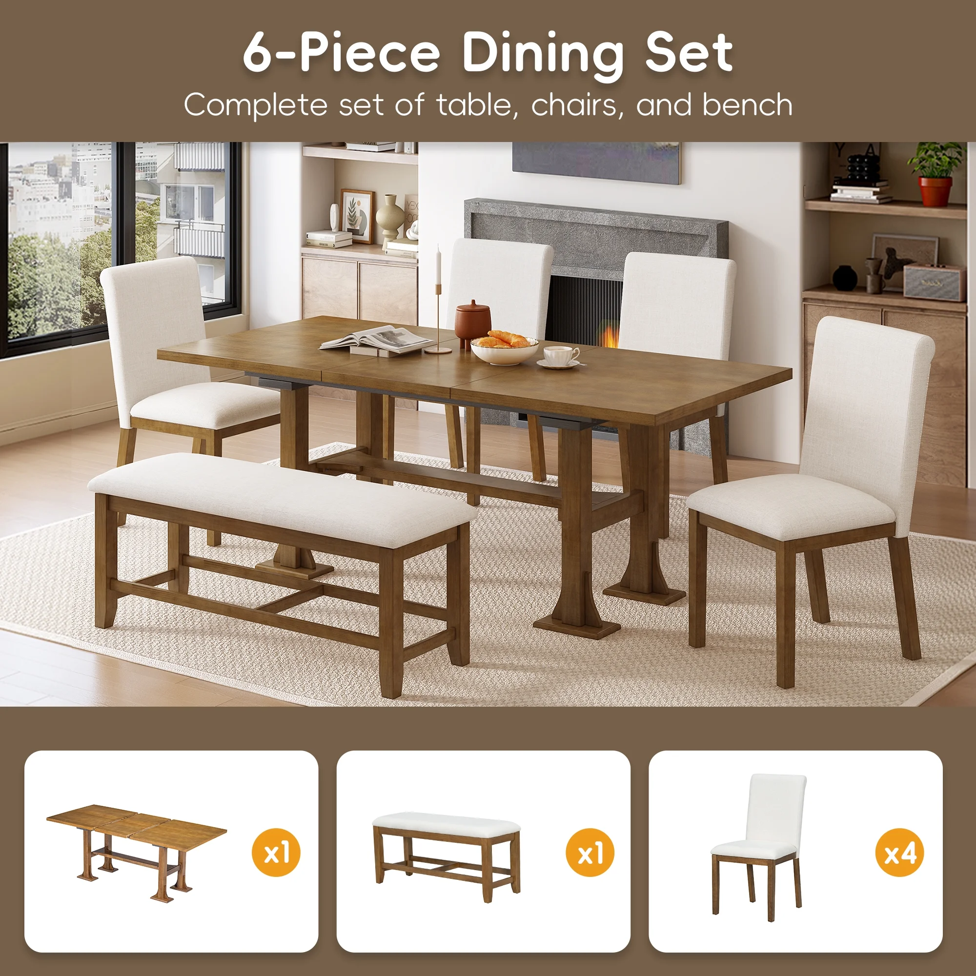 Harper & Bright Designs 6 Pieces Dining Table Set with Bench for 6, Kitchen Table Set with Storage Drawer and 4 Upholstered Dining Chairs, Dark Brown