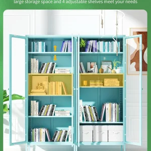 SUNCROWN Metal Storage Cabinet, Curio Display Cabinet with 2 Glass Display Door and 4 Shelves, Side Storage Organize, Modern Bookshelf Cabinet for livingroom, Bedroom, Kitchen, Black