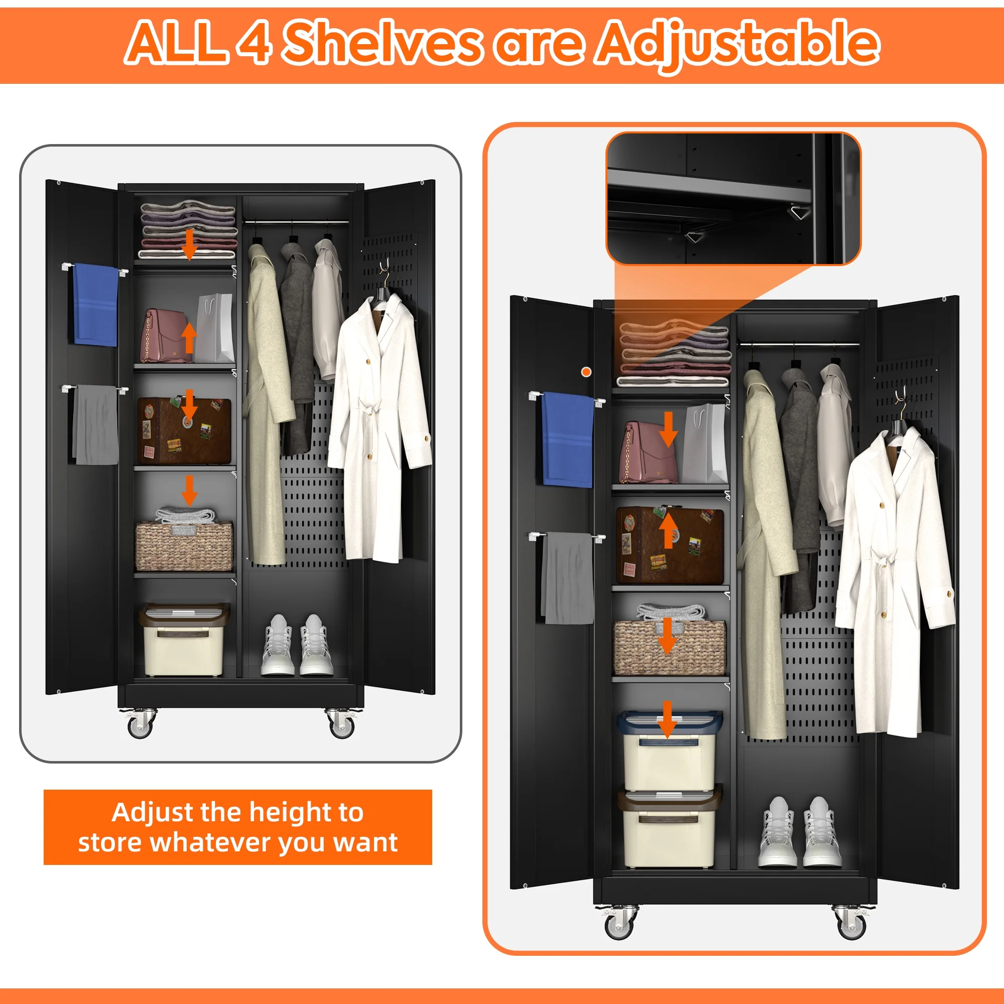 GangMei 71-Inch Metal Lockable Storage Cabinet with Pegboards and 5 adjustable shelves, White, Assembly Required