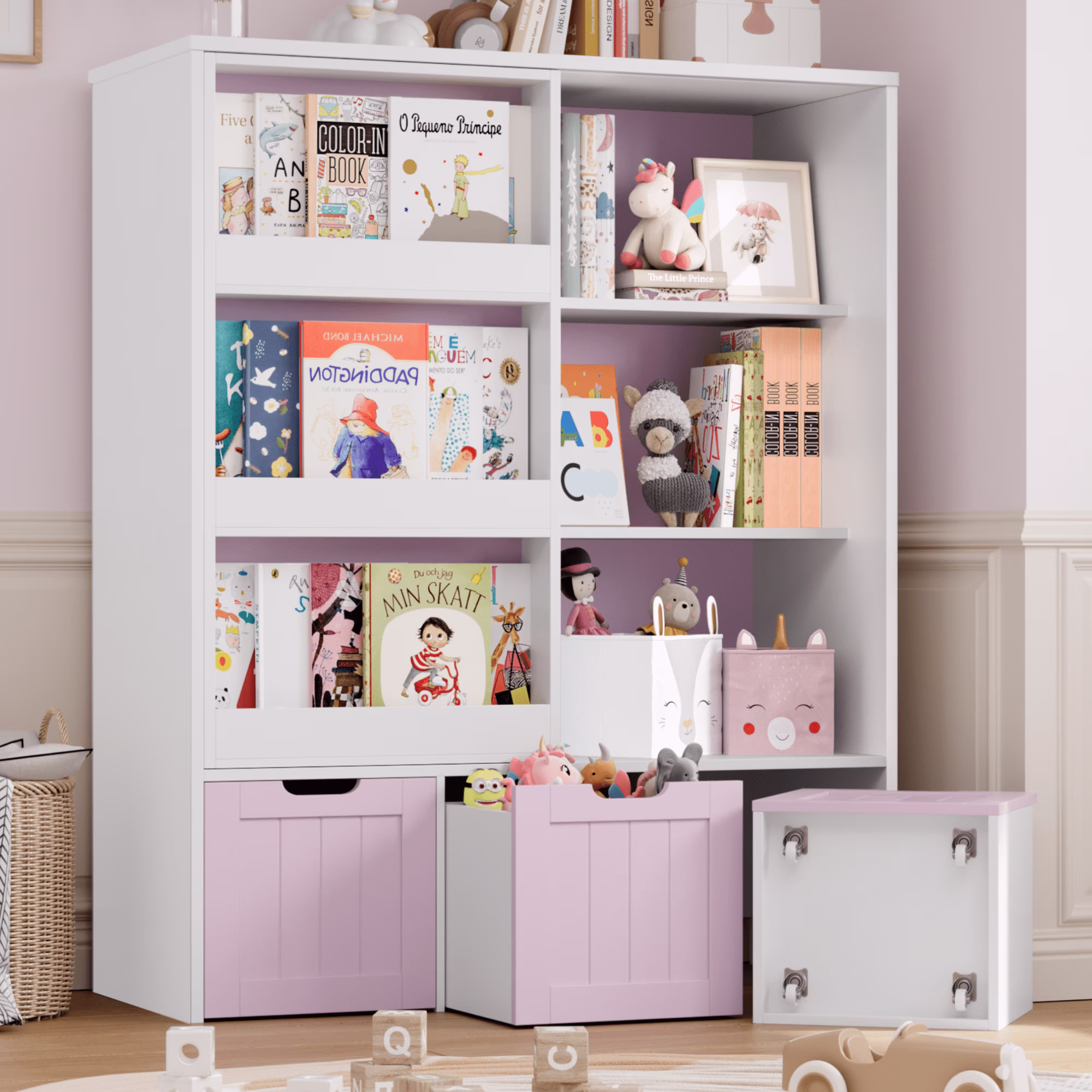 Homfa 6 Cube Toy Storage, Cube Organizer with Sliding Rack, 3 Drawer Kids Bookcase and Bookshelf, White