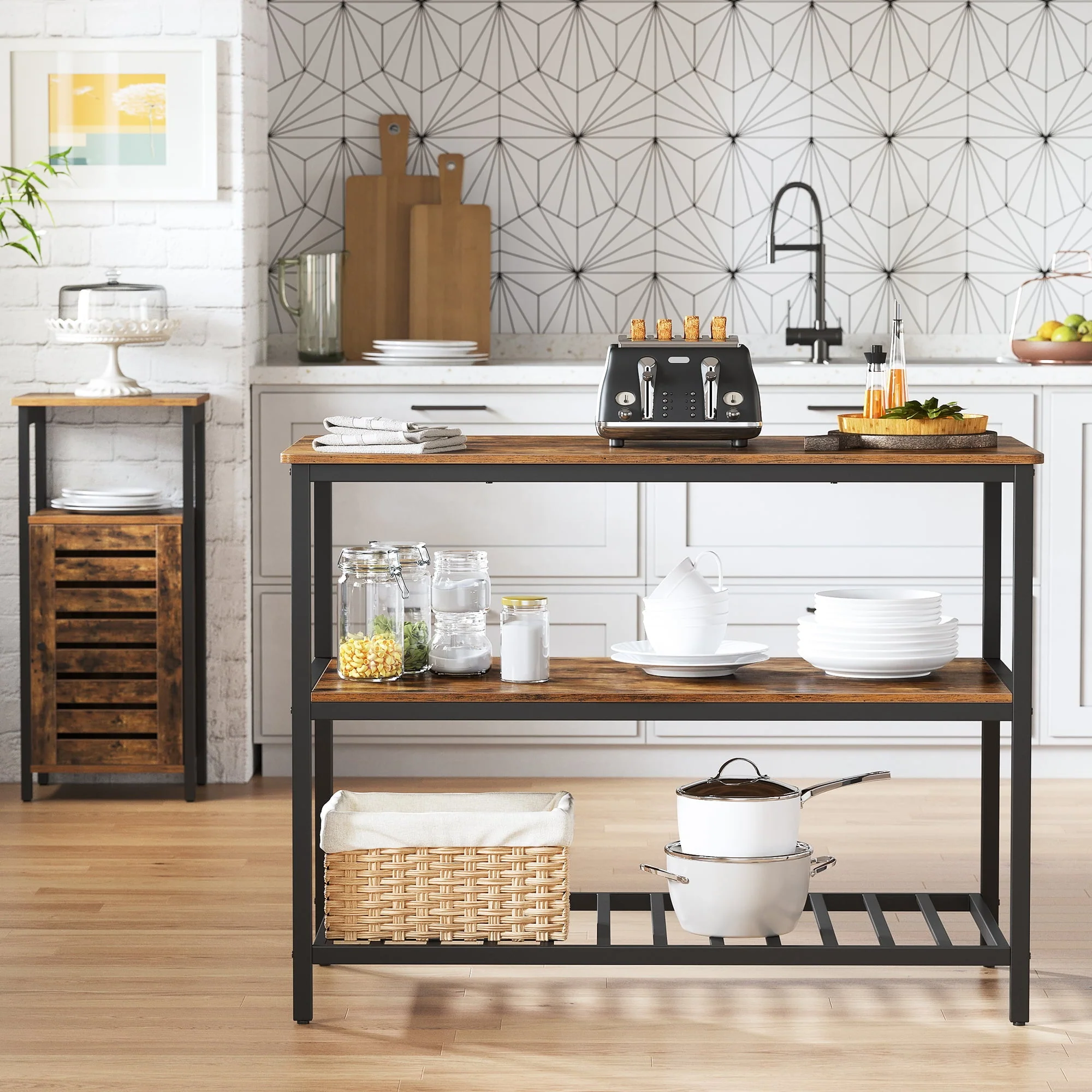 VASAGLE Kitchen Storage Island 3-Tier Kitchen Shelf Organizer Kitchen Baker’s Rack Coffee Bar Rustic Brown & Black