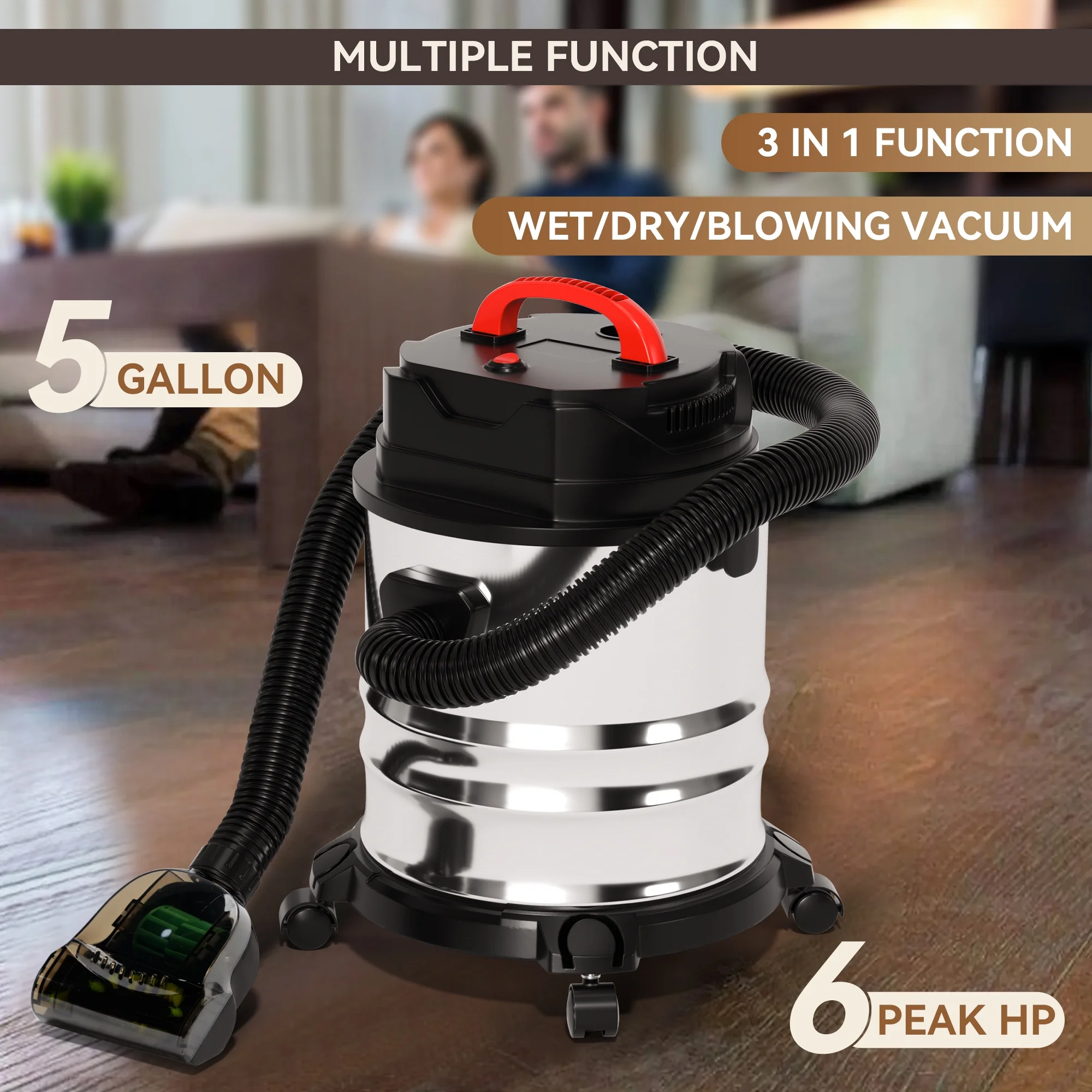 TOPTENG Wet Dry Vacuum Cleaner, 5 Gallon 1800W 6 HP Peak Stainless Steel Shop Vacuum Wet and Dry, with Filter and Attachments for House Garage Workshop Car